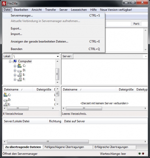 Filezilla Server Manager öffnen
