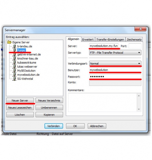 Filezilla FTP Verbindungsdaten eintragen